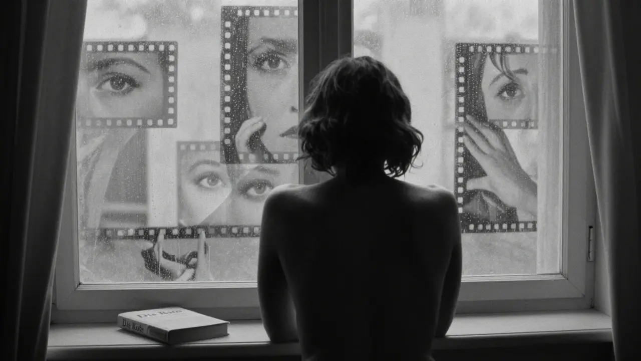 A woman's bare back by a rainy window, faint film projections on the wall, a book open on the sill.