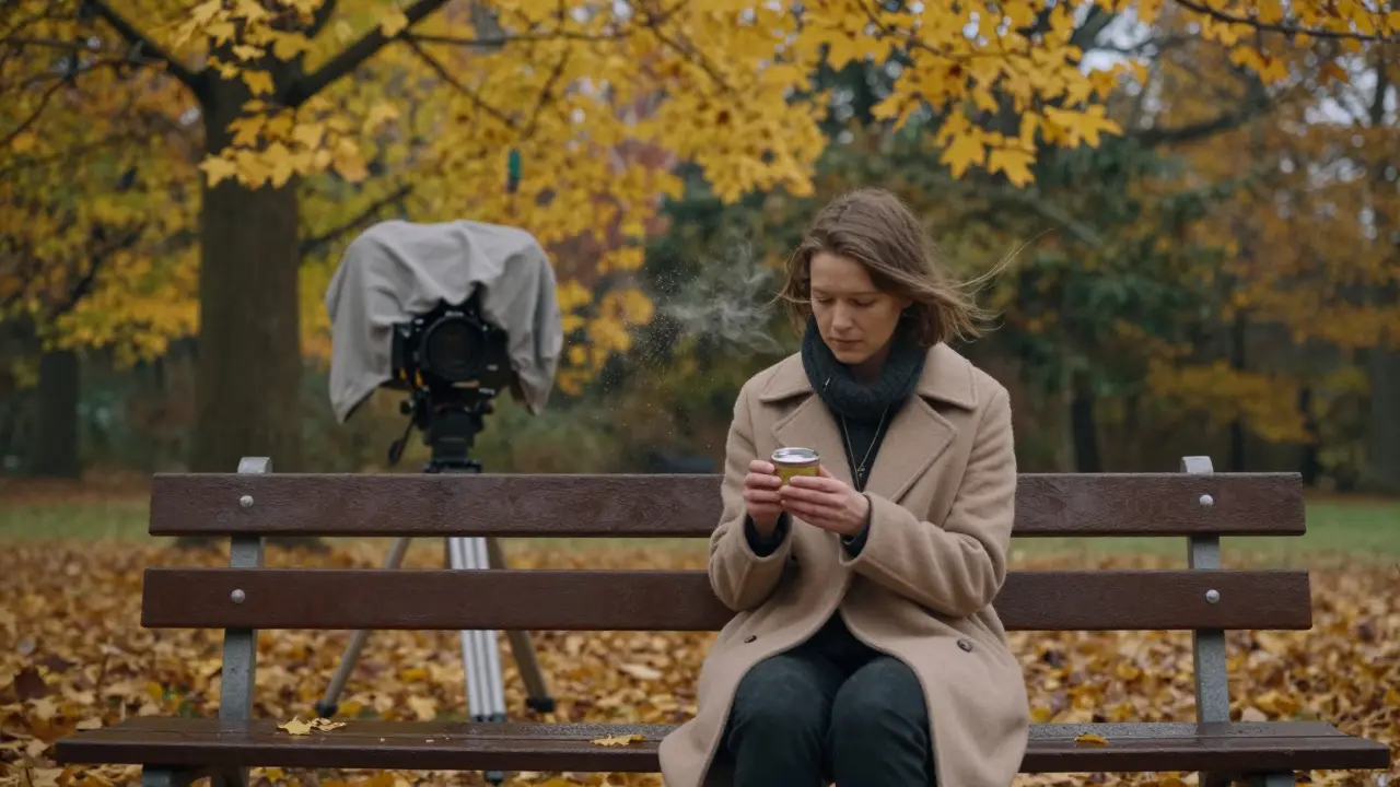 A woman releases ashes into the wind on a bench in Munich’s English Garden during autumn.