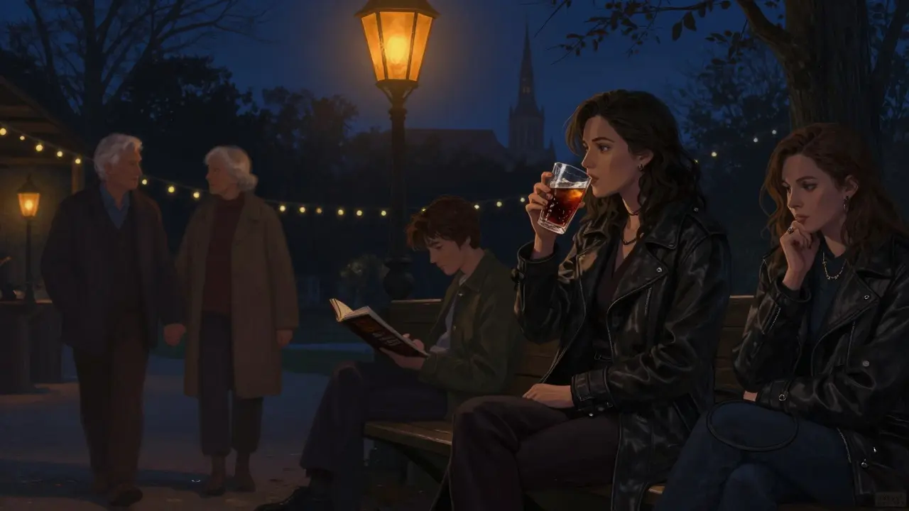 A woman sits at a historic beer garden at dusk, surrounded by silent, blurred figures under string lights.