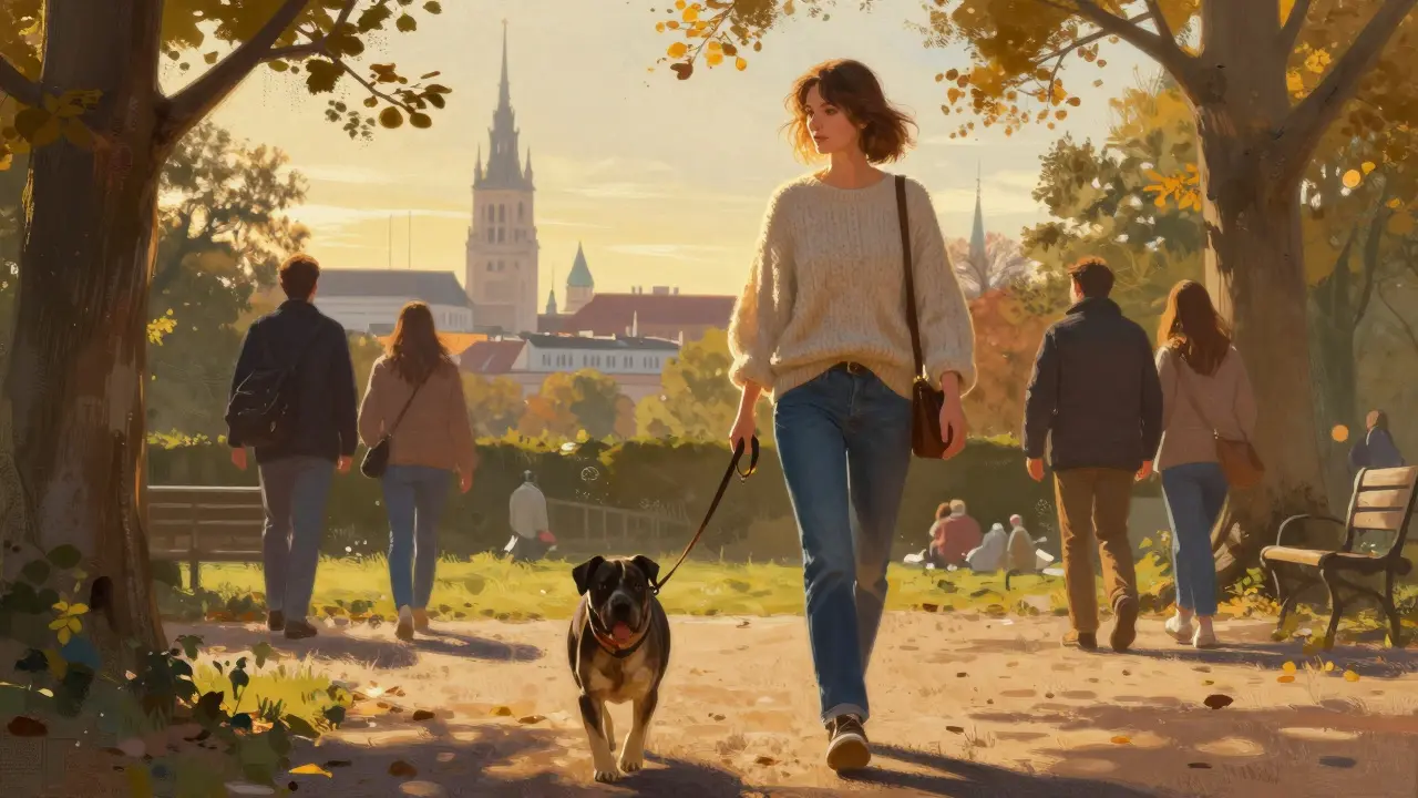 A woman walking her dog in Englischer Garten, casual and unposed, afternoon light filtering through trees.