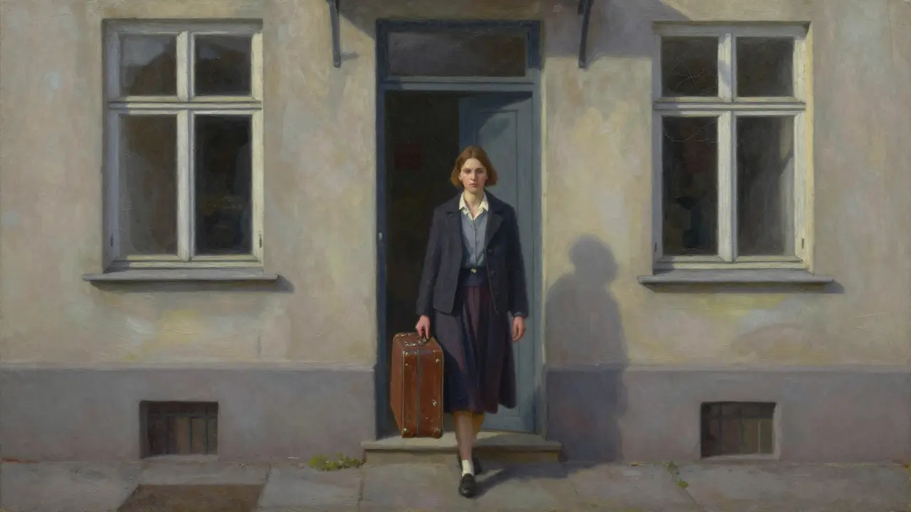 A woman walking out of an apartment with a suitcase, quiet Munich street behind her, no music, no drama.