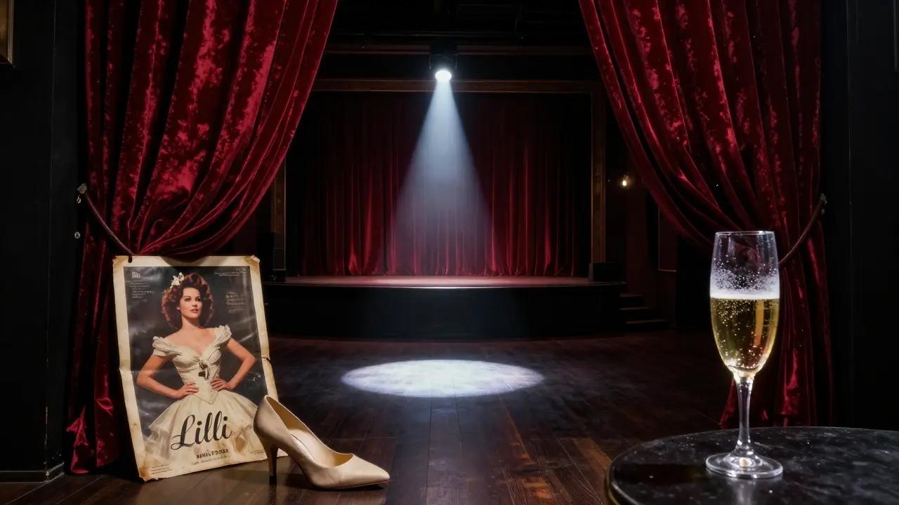 An empty vintage nightclub stage in Munich, a single heel and faded poster marking where Lilli once performed.