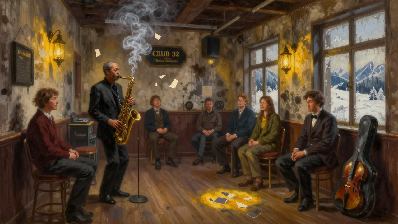 An intimate jazz club with ink-stained walls and patrons lost in experimental music under dim lanterns.