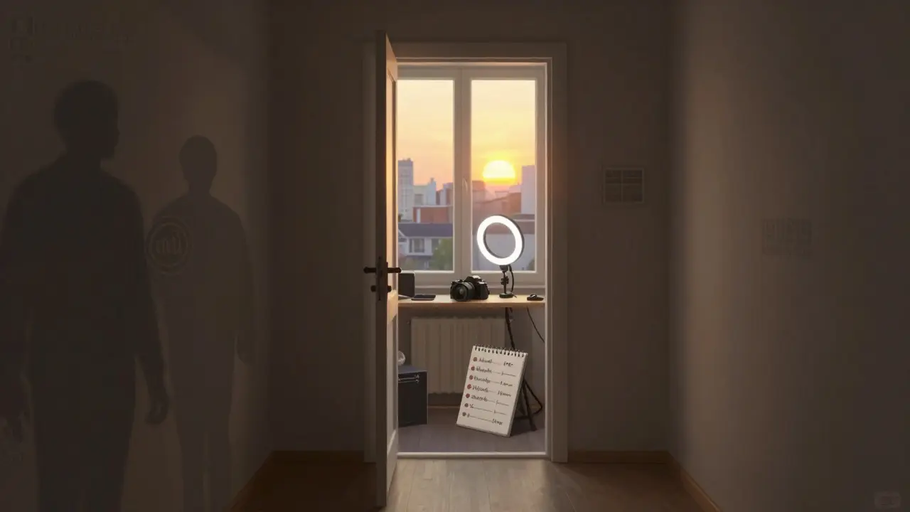 An open door revealing a home studio, with industry shadows fading outside.