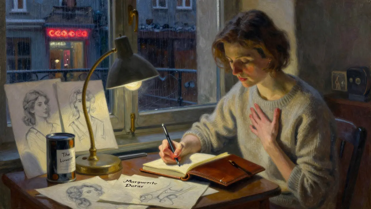 Annette Schwarz writing in a notebook by lamplight, surrounded by film canisters and books in her quiet Munich apartment.