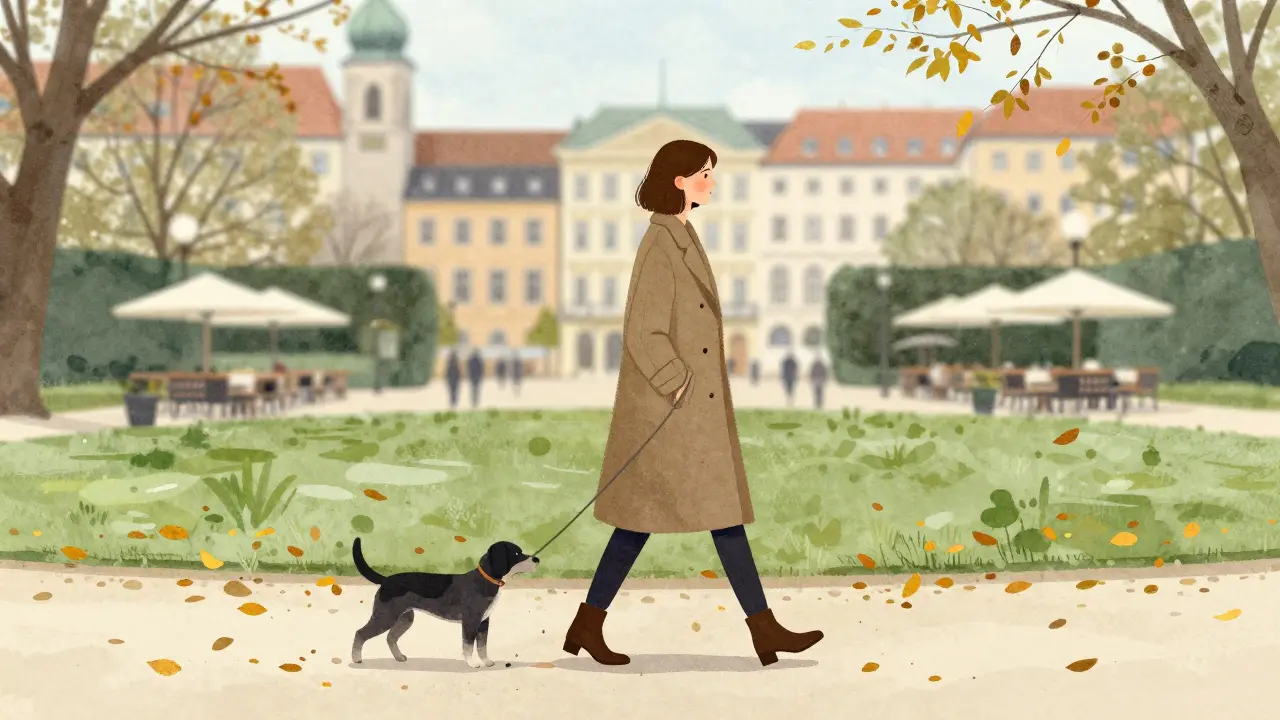 Anny walking through English Garden in Munich with her dog, autumn leaves around her.