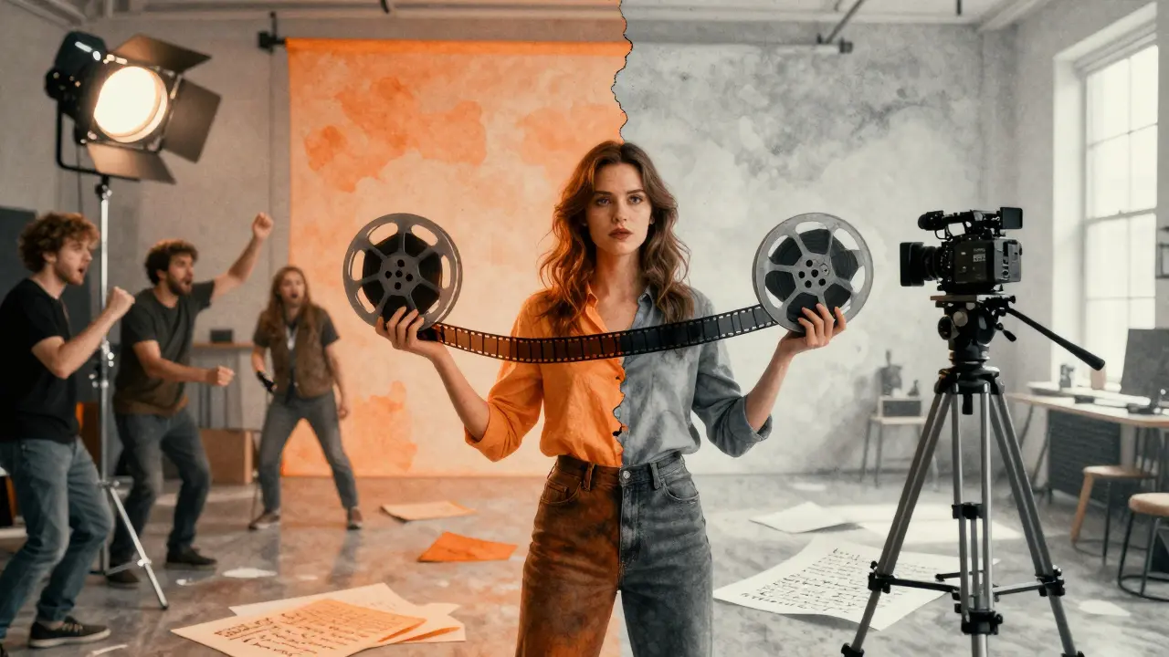 Briana Banks standing between two contrasting film worlds: chaotic American studio on one side, serene European art-house on the other.