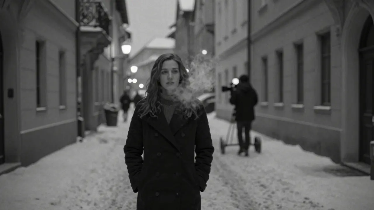 Briana Banks walking alone through a snowy Munich alley at dusk, film crew visible in the distant background.