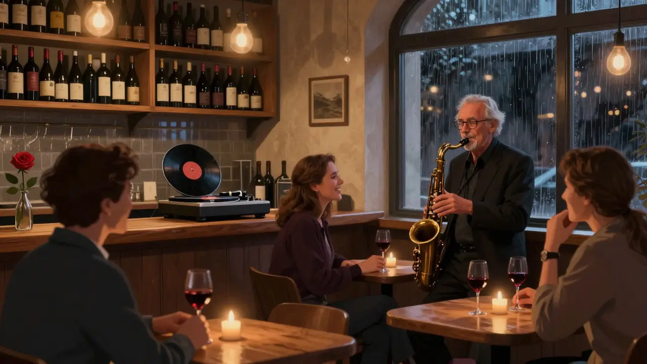 Cozy wine bar at night with a jazz musician playing, patrons laughing under candlelight.
