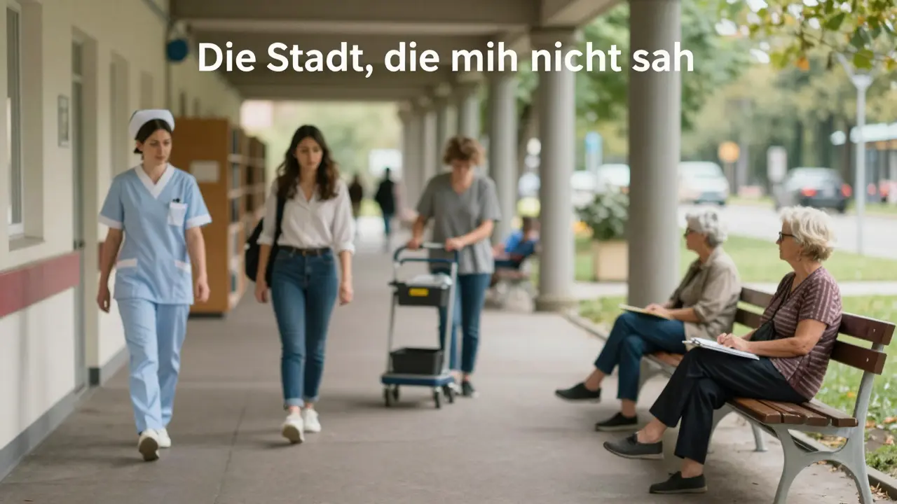 Five anonymous women in everyday Munich settings, their faces blurred, their movements silent and human.