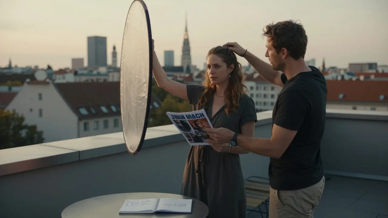 Jana Bach on a Munich rooftop during golden hour, working with a director, holding her first magazine spread.