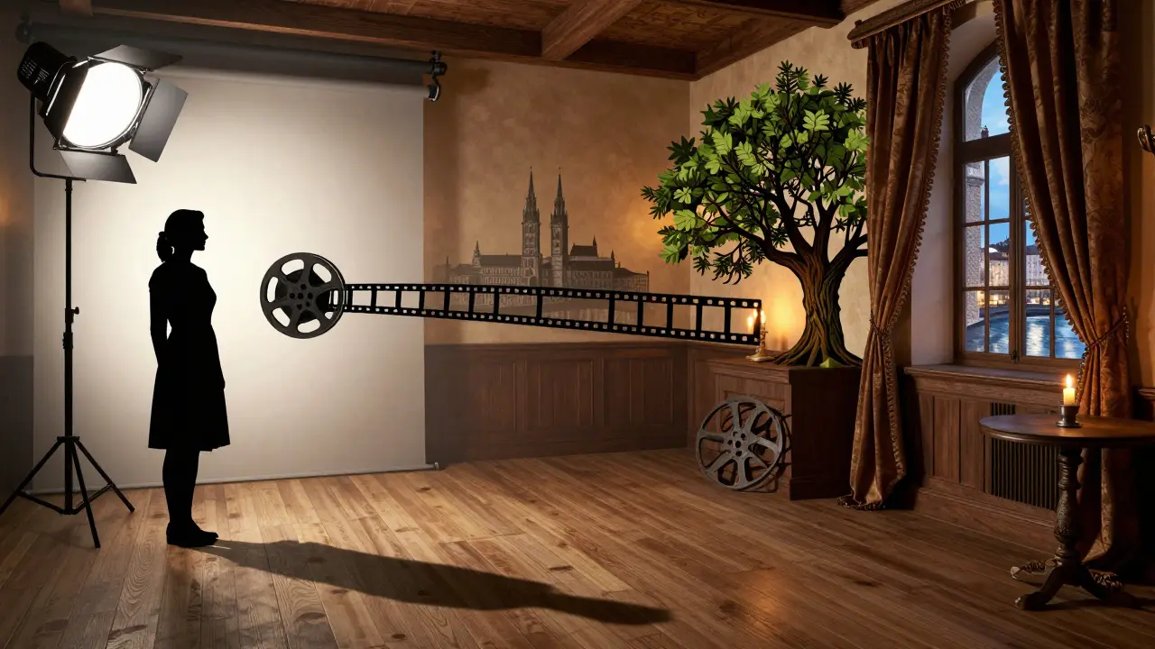 Leonie Saint’s silhouette between sterile studio lights and warm Bavarian interiors, symbolizing her artistic roots.