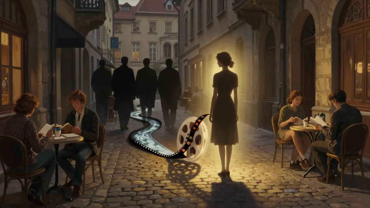 Mia Julia's silhouette emerging from a film reel flowing through Munich's streets.