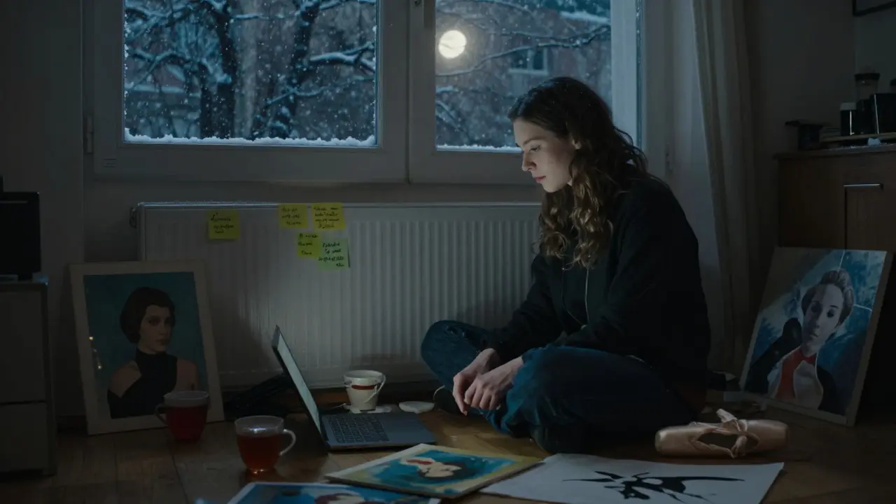 Mia Julia editing film on the floor of her small apartment, surrounded by books, tea mugs, and sticky notes.