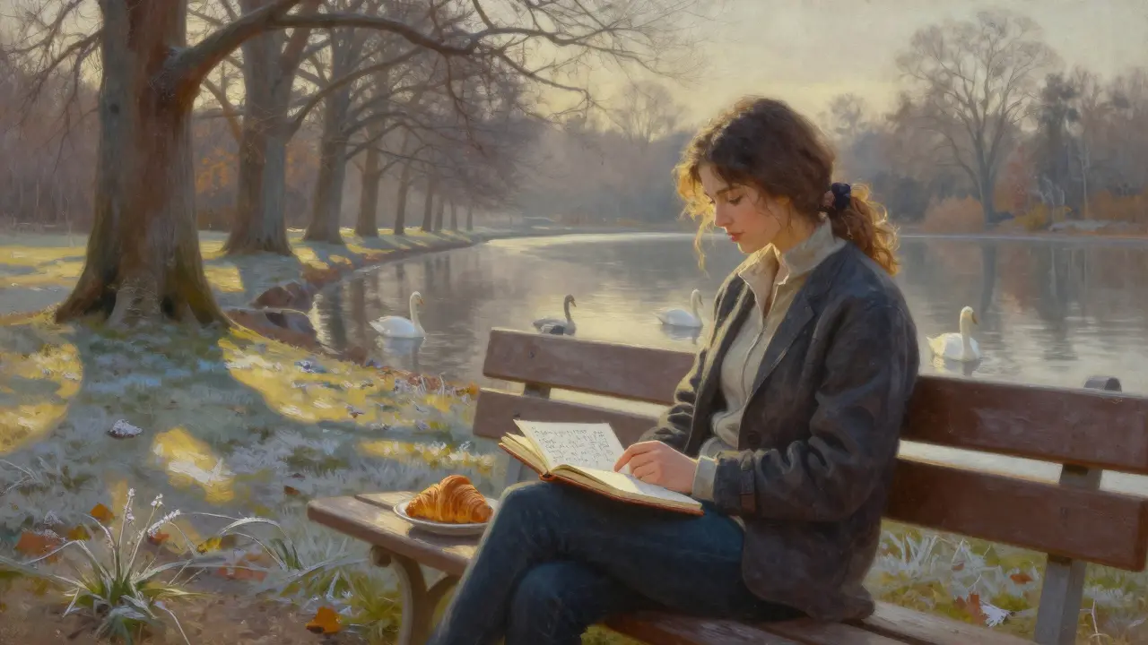 Mia Julia sits peacefully in Englischer Garten at sunrise, reading in a notebook beside a croissant and swans.