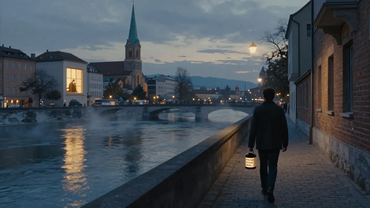 Munich's Isar River at dusk, a figure walks away with a film canister, studio light glows in the distance, mist rises, symbolic of quiet legacy.