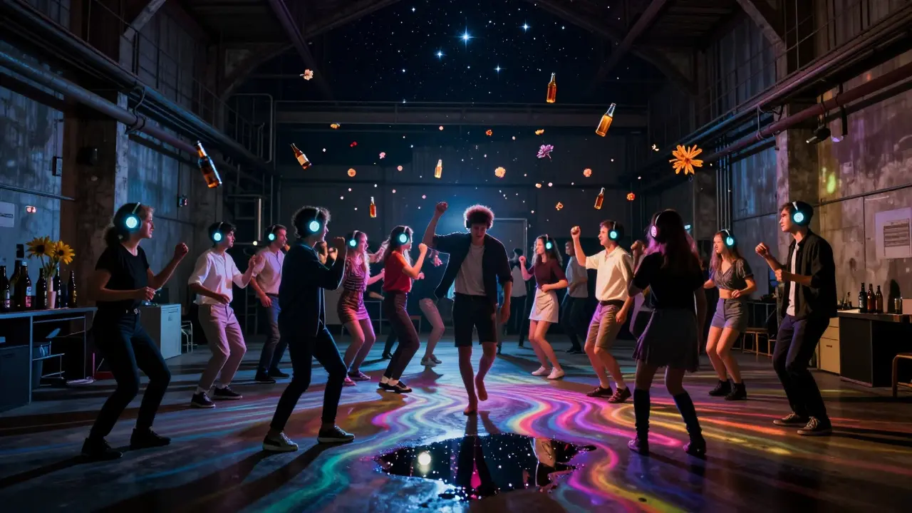 People dancing in silent disco with glowing headphones, colored light rippling through an old brewery.