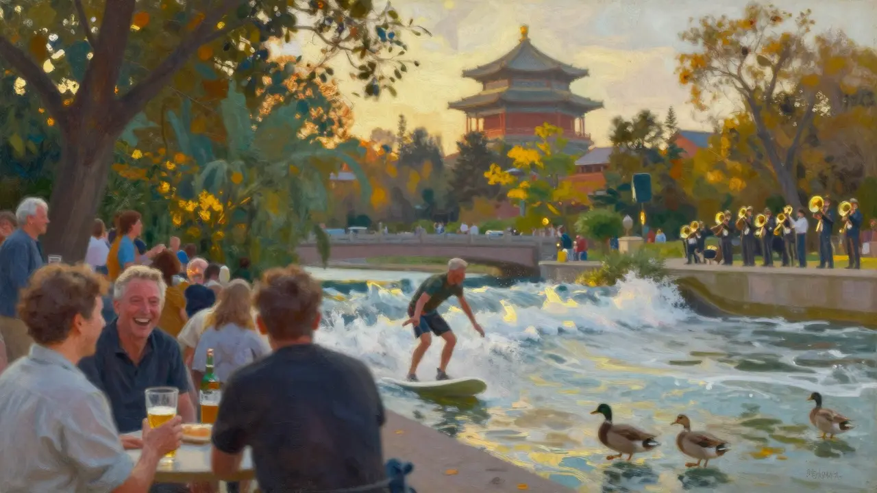 People relax in English Garden near Chinese Tower as a surfer rides the Eisbach wave and ducks gather by the water.