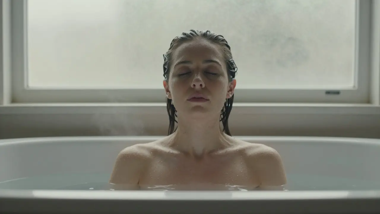 Sandra Star in a bathtub, natural light filtering through a fogged window, steam rising around her.