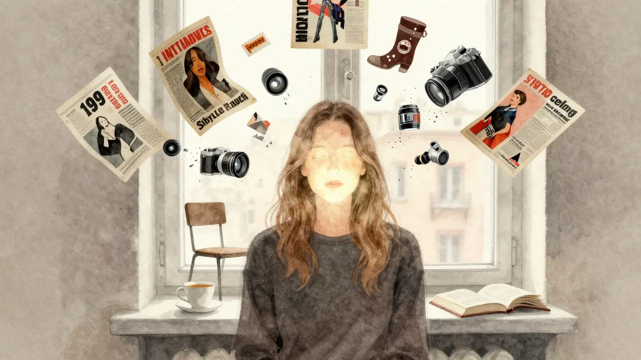 Sibylle Rauch’s face radiating softly amid dissolving fashion icons, with a teacup and book on a windowsill in the background.