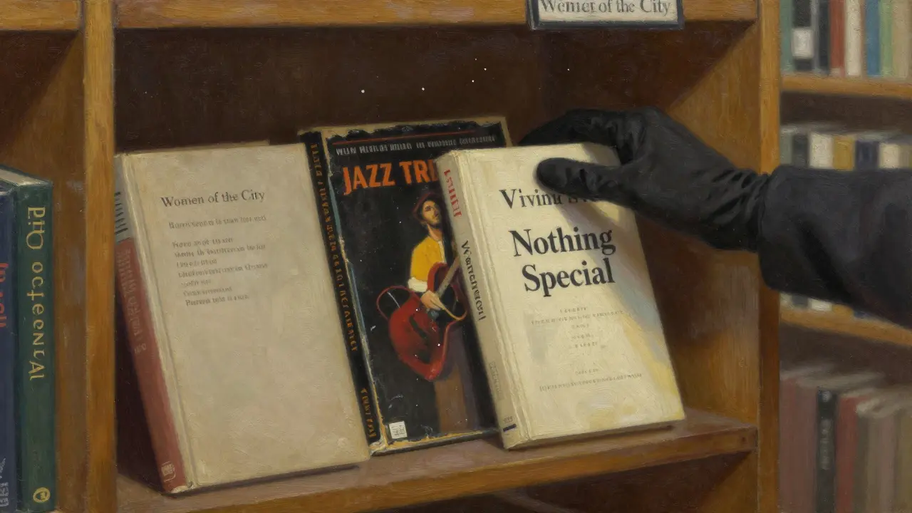 Three books on a shelf labeled 'Women of the City,' including Vivian's 'Nothing Special,' bathed in soft sunlight.