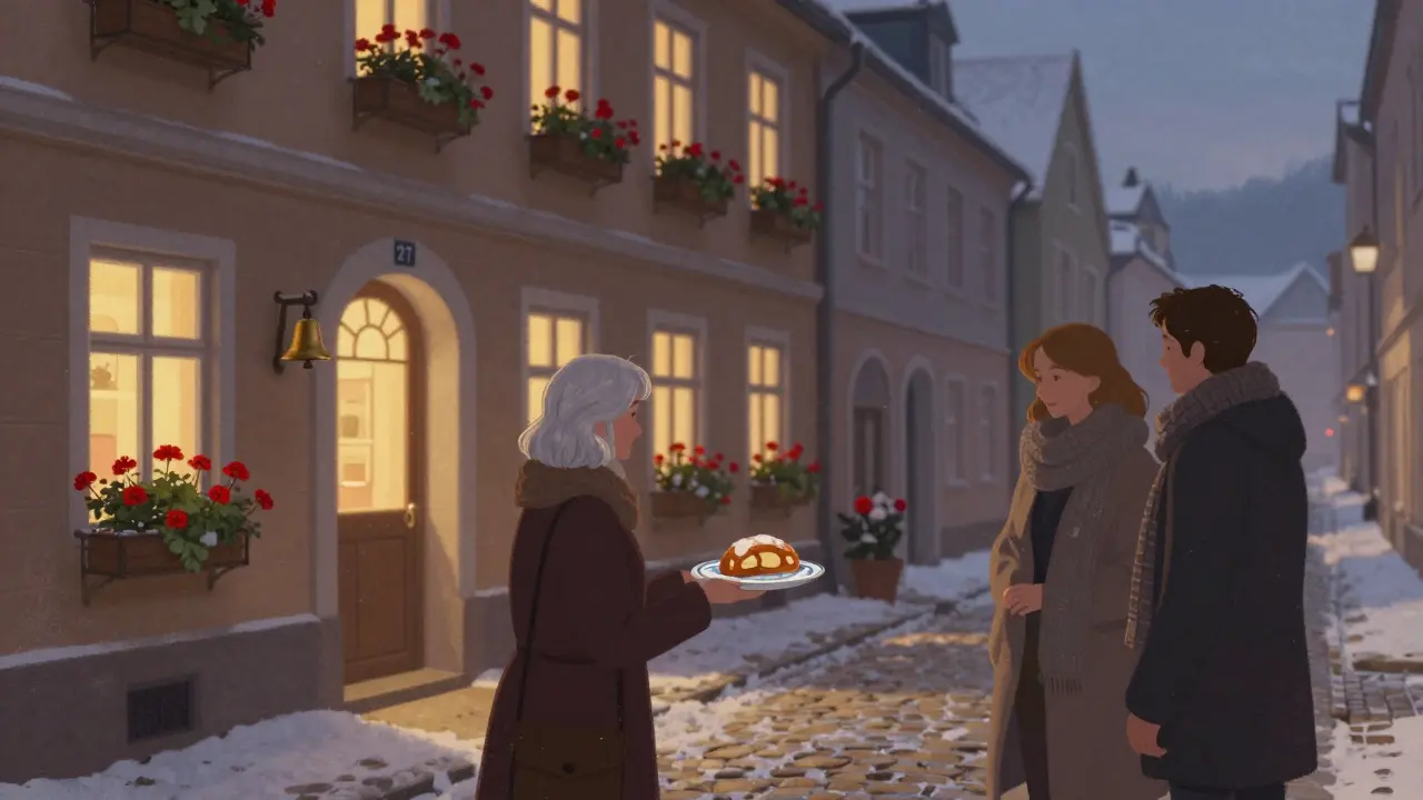 Twilight street in Lehel with flower boxes and a woman offering strudel by a brass-bell gate.