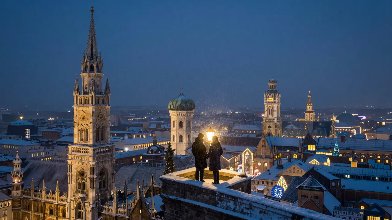 Two people atop St. Peter’s Tower at night, snow falling over Munich’s glowing Christmas lights.