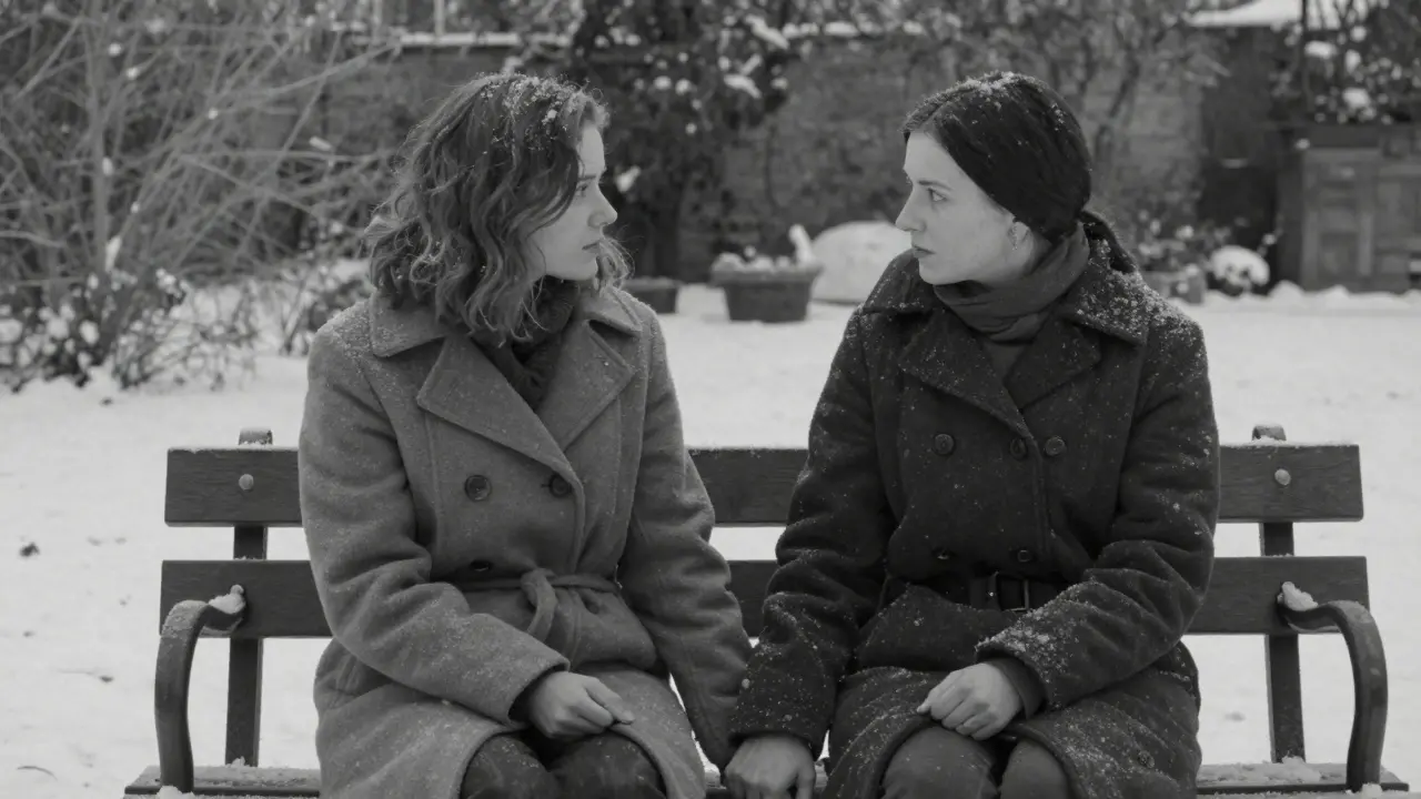 Two women holding hands in silence on a snowy bench, from the film 'Winter Light'.