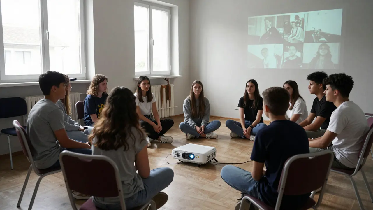 Vivian teaching acting to teens in a simple community center, projector light on wall, diverse students listening.