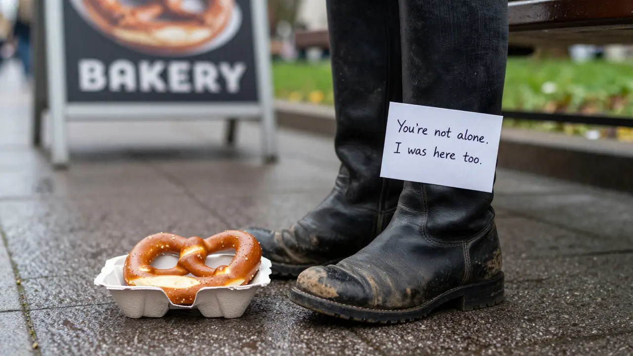 Worn black boots and a pretzel on a Munich sidewalk, with a handwritten postcard resting beside them.