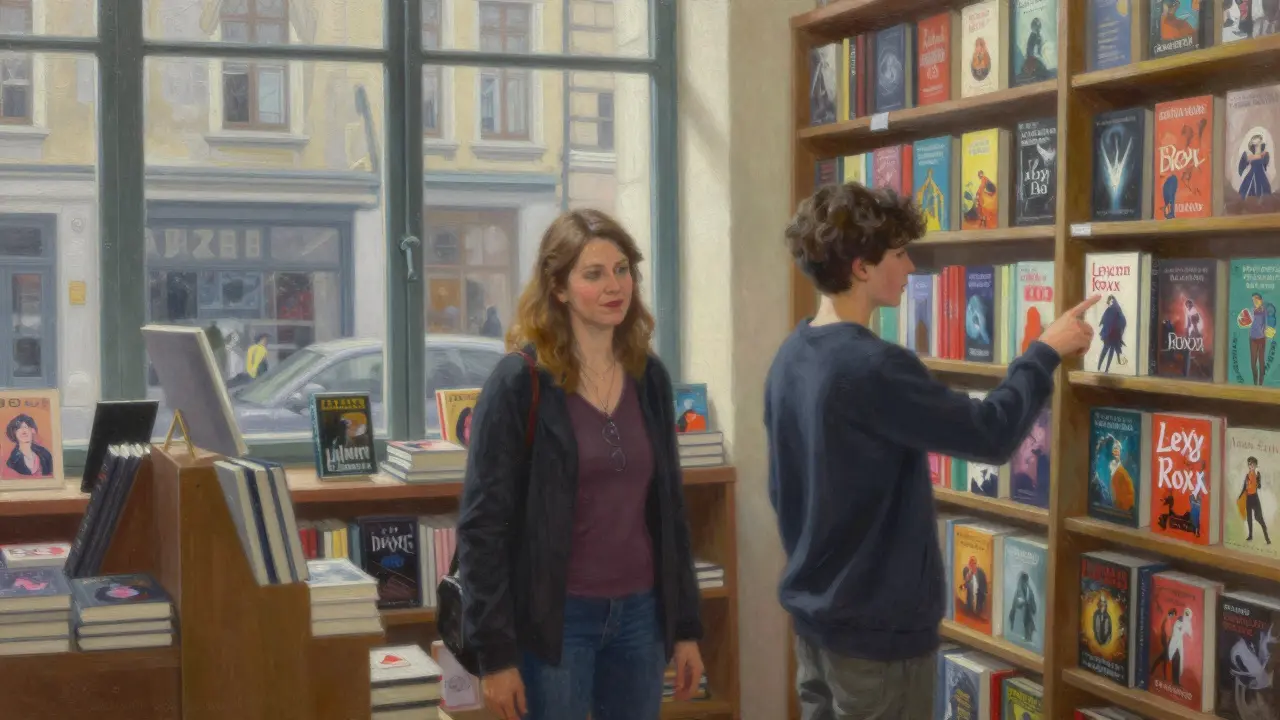 A bookstore clerk looks confused as a teenager mentions a porn star's name, surrounded by shelves of novels.