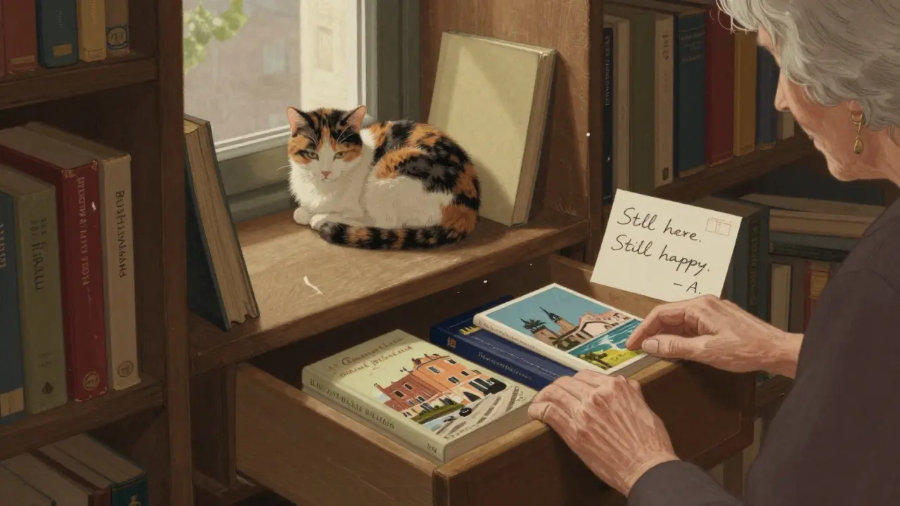 A cozy used bookstore with a cat napping by a window, shelves full of books and an open drawer revealing a handwritten note.