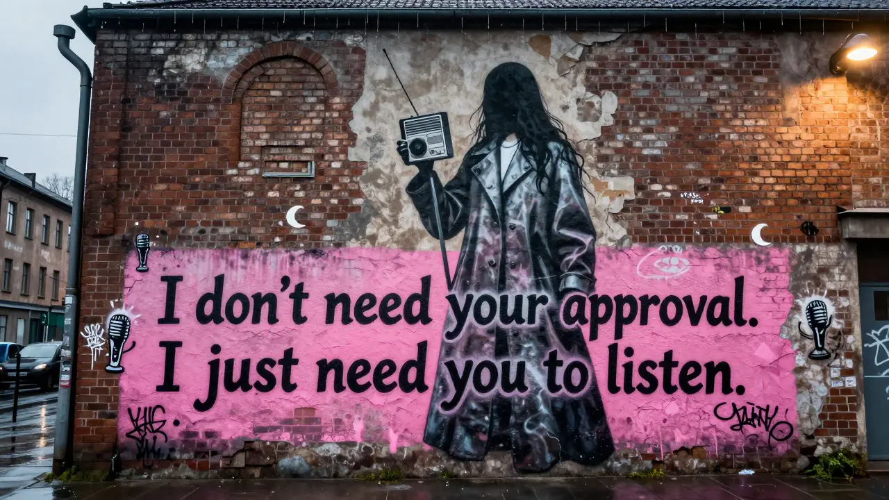 A faceless woman holding a radio on a mural, with the words 'I just need you to listen' painted below.