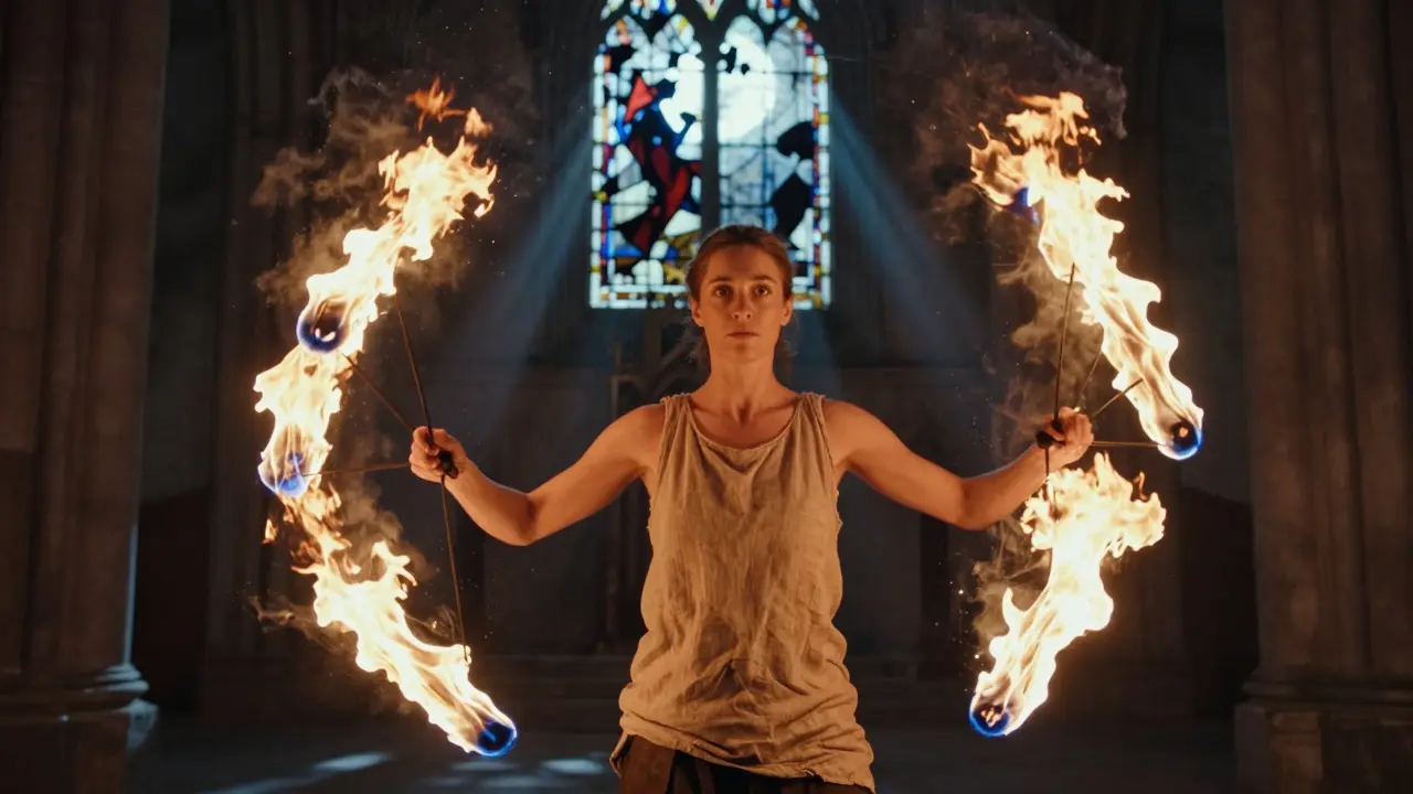 A fire performer moves silently in a ruined church, flames swirling around her in moonlight.