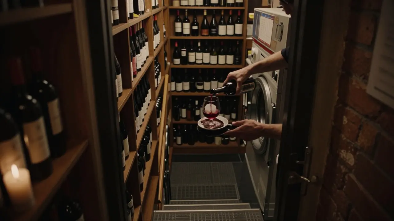 A hidden bar behind a laundromat, dimly lit with wine bottles and a bartender pouring wine into a glass with a chocolate on the saucer.