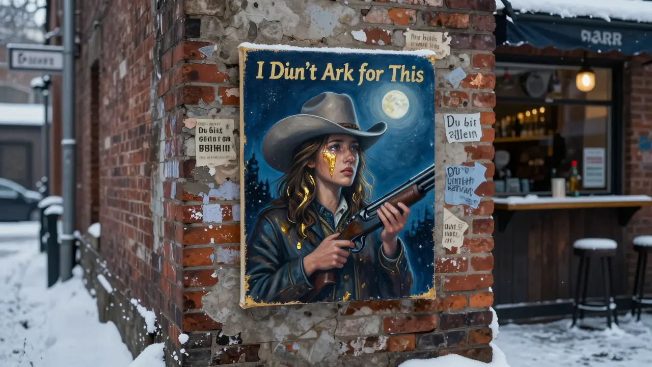 A painted cowboy woman with gold-leaf tears hangs on a brick wall in a quiet Munich alley, snow falling softly around it.