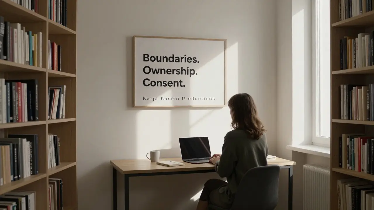 A quiet studio space with bookshelves and a desk labeled 'Katja Kassin Productions,' sunlight streaming through a window.