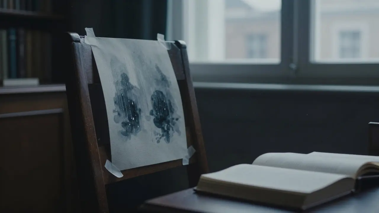 A quiet watercolor taped to a chair in Wittelsbacher Palais, glowing in winter light, with no people present.