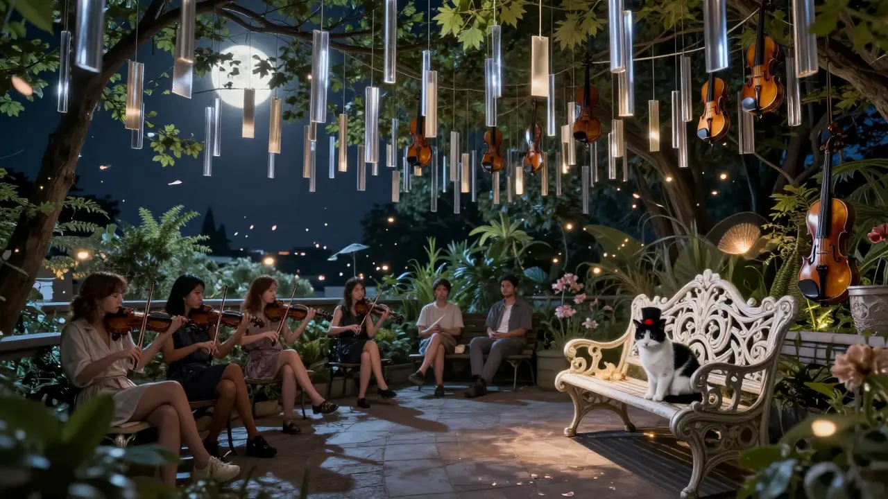 A silent rooftop garden at night with people sitting quietly as wind chimes made of broken violins shimmer in the moonlight.