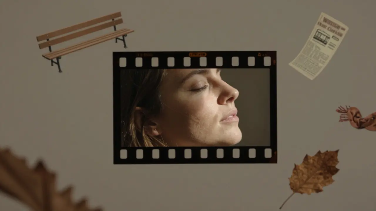 A single film frame floating in air, showing a woman's face in soft natural light, surrounded by subtle German cultural elements dissolving into the background.
