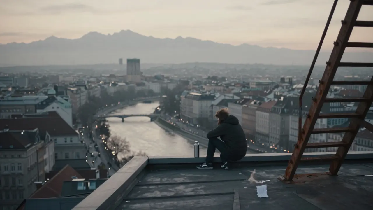 A solitary figure on a rusted rooftop at dawn, overlooking Munich's misty skyline with the Alps in the distance.