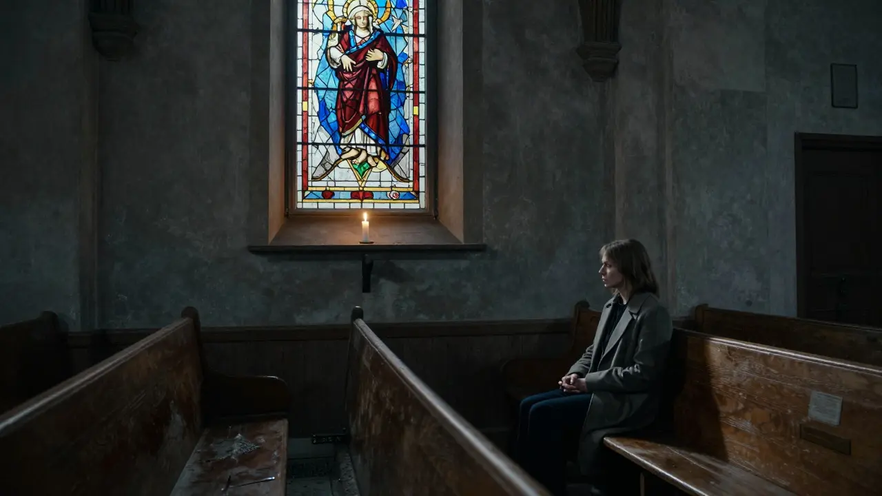 A solitary woman sitting in a dim, cracked-stained-glass chapel with a single burning candle.