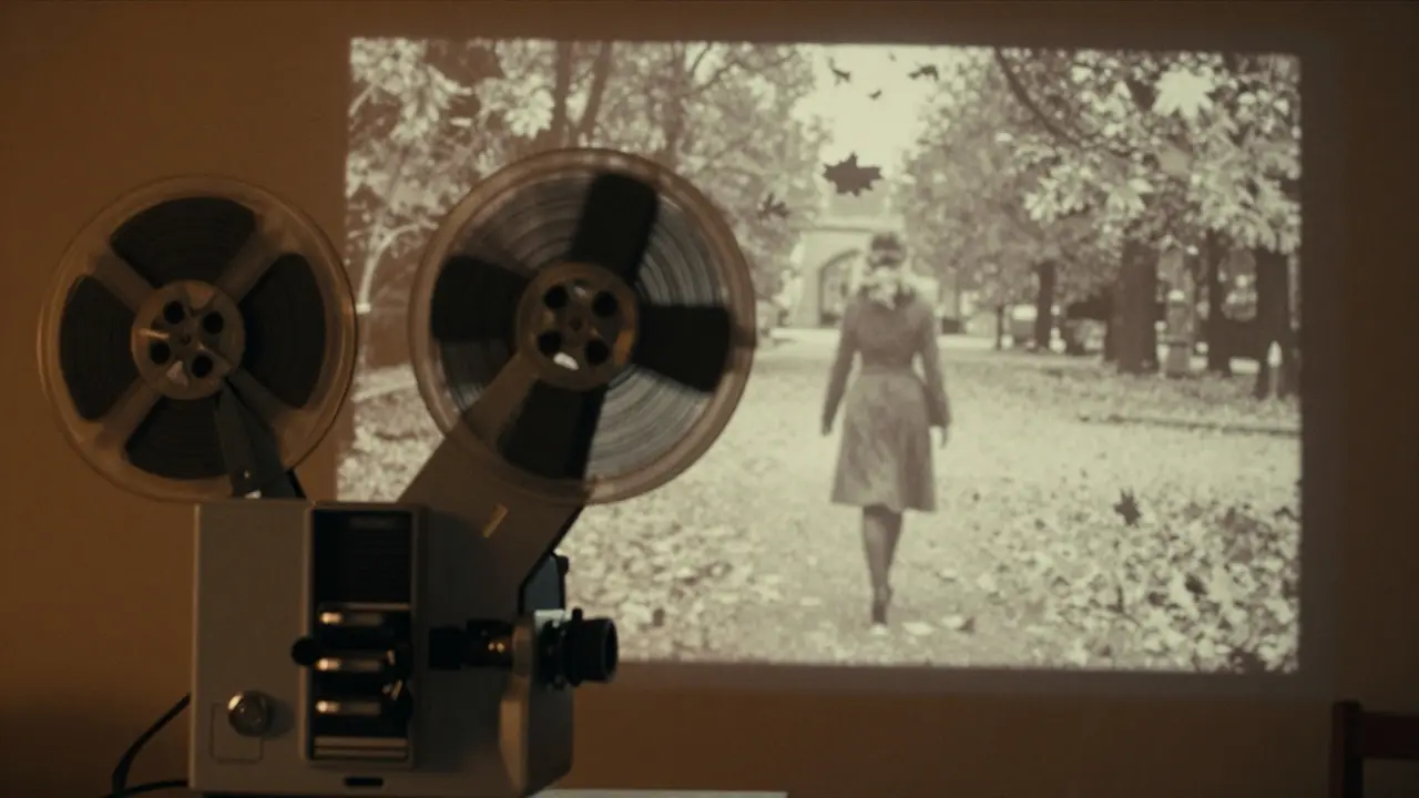 A vintage film projector casts silent moving images of a woman walking through a leafy park, golden autumn light glowing on the wall.