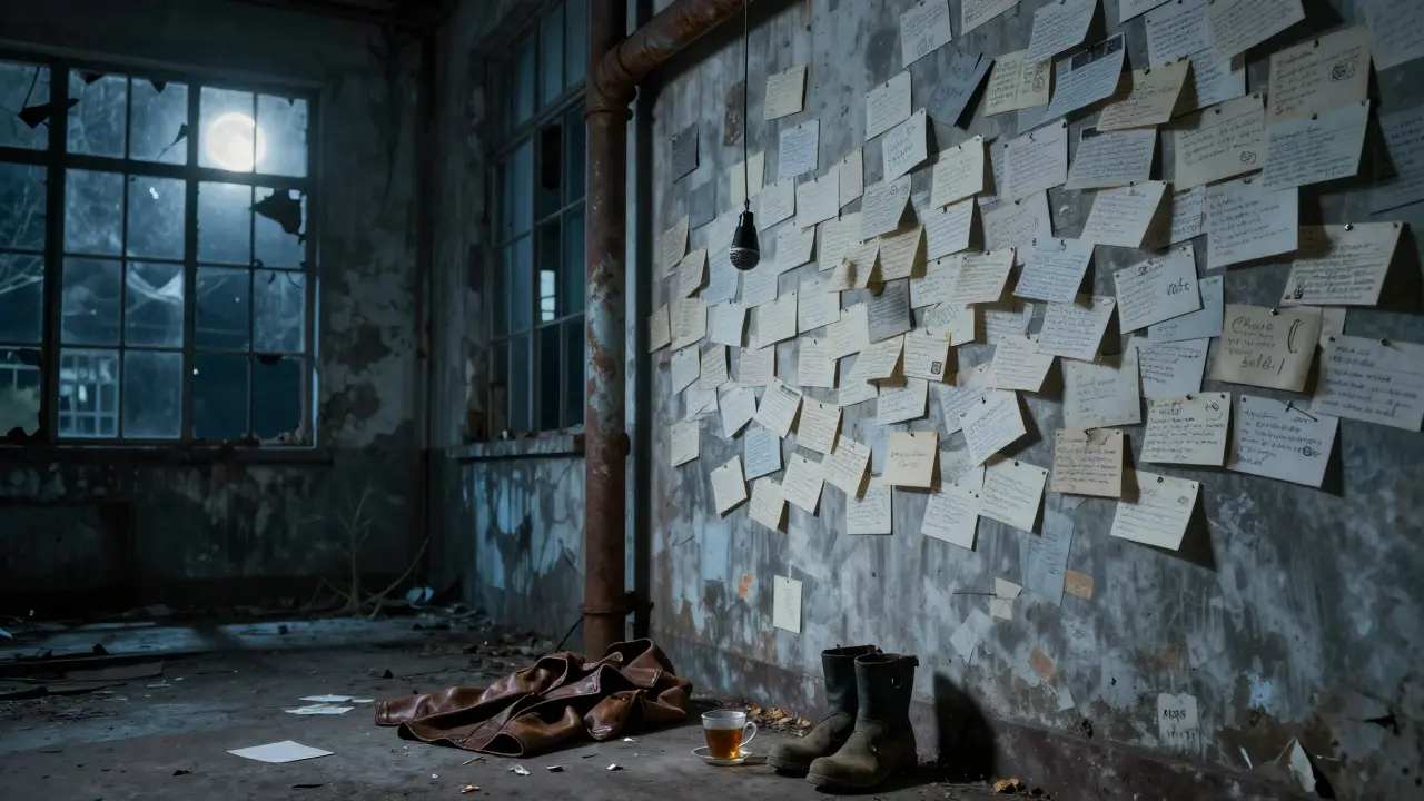 A wall covered in handwritten letters in an abandoned warehouse, with a single microphone hanging in moonlight.