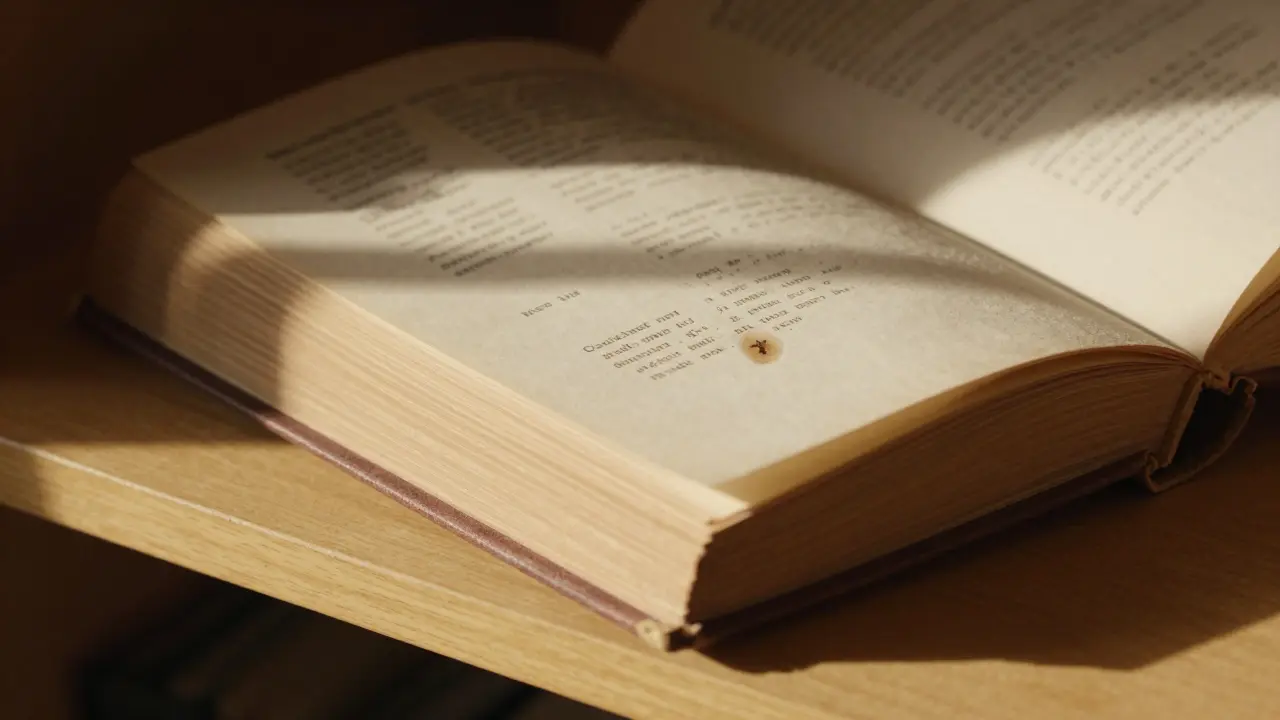 A watercolor tucked inside an old poetry book, stained with coffee, under soft library light.