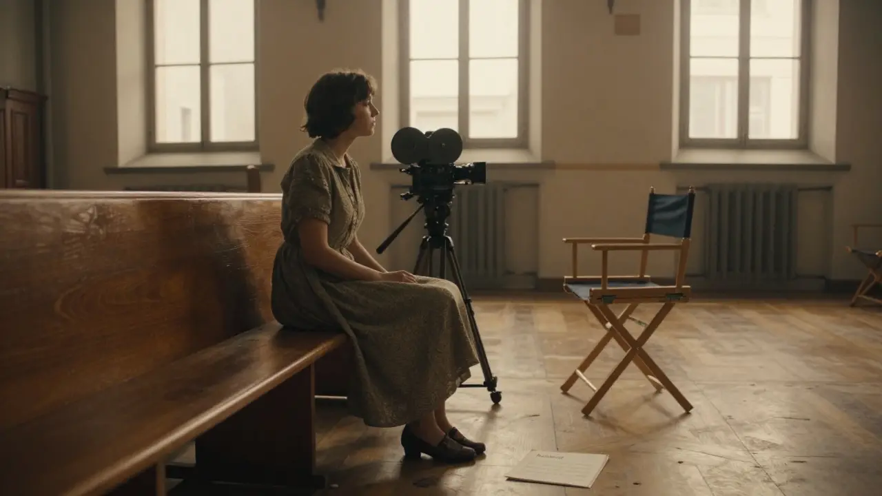 A woman in a vintage dress sits alone in a sunlit church basement, facing an old film camera, in a moment of quiet preparation.