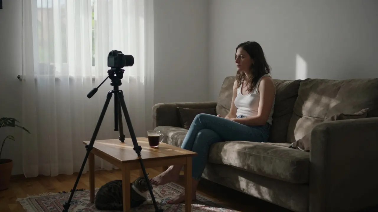 A woman sits on a couch in natural light, holding a coffee mug, in a simple home setting with a cat nearby.