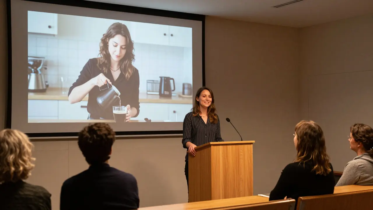 A woman speaks at a small community panel in Munich, surrounded by attentive listeners in a modest room.