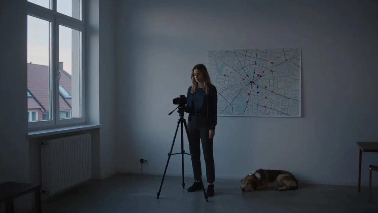 A woman stands alone in a Berlin room, holding a camera, with a map on the wall showing cities where she filmed her videos.