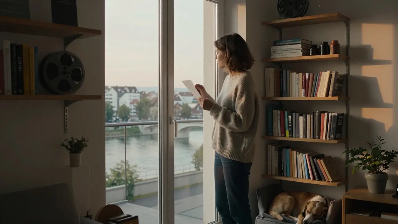 A woman stands by a window in her Munich apartment, holding a note, the Isar River glimmers outside as her dog sleeps nearby.